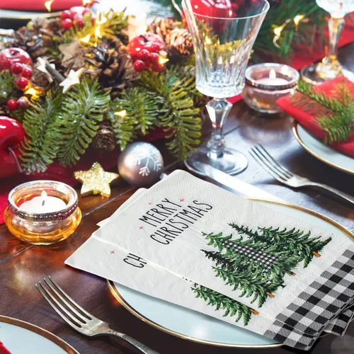 Vista 7 de 100 Piezas Servilletas de Navidad a Granel Navideñas Toallas de Mano de Papel Desechables para Invitados Servilletas de Cóctel con Árbol de Navidad