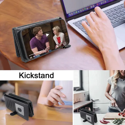 Vista 5 de Harryshell Funda de cuero desmontable con cremallera magnética con bolsillo para monedas, 12 ranuras para tarjetas, correa de muñeca para Samsung