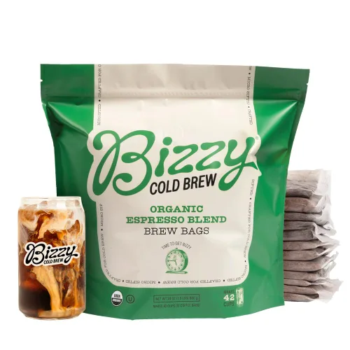 Vista 10 de Bizzy Café orgánico frío Mezcla de desayuno Café molido grueso tostado medio ligero Micro tamizado Grado especial 100% arábica Bolsas