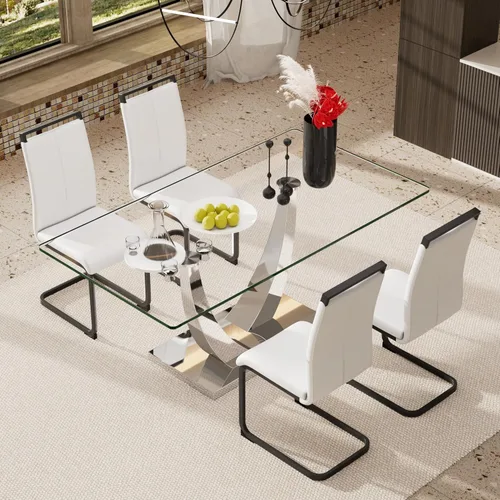 Vista 2 de Juego de mesa de comedor de lujo moderno de 63 pulgadas para 4 tapas rectangulares de vidrio templado con base en U cromada y sillas de comedor Negro