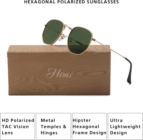Vista 4 de Hipster - Lentes de sol polarizados hexagonales para hombre y mujer diseño geométrico cuadrados pequeños marco de metal vintage gafas de sol retro