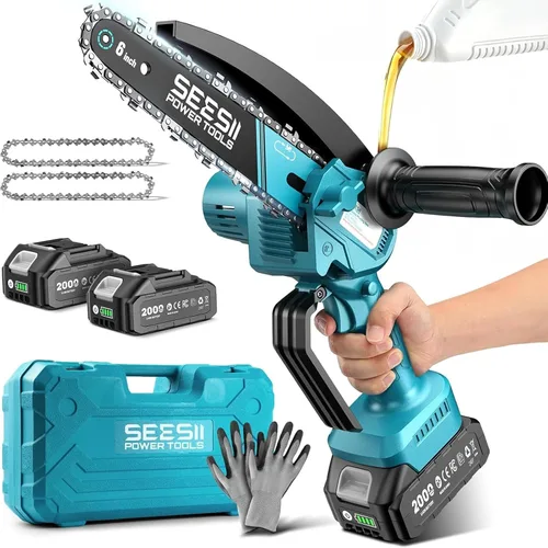 Vista 10 de SEESII Mini motosierra sin escobillas de 6 pulgadas, sierra de mano con 2 baterías de 2000 mAh, motosierra inalámbrica con engrasador automático