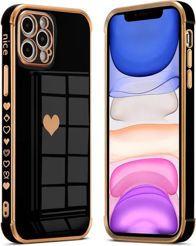 Vista 6 de DEFBSC Compatible con iPhone 12, funda de corazón con borde galvanizado, protección completa de la cámara, esquinas reforzadas elevadas, cubierta