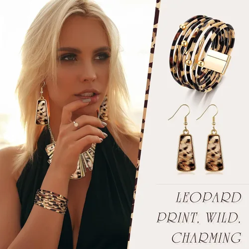 Vista 3 de Juego de 3 piezas de collar de leopardo, aretes, pulseras, joyería para mujer, con estampado de leopardo, bohemio, con cadena de babero, collar