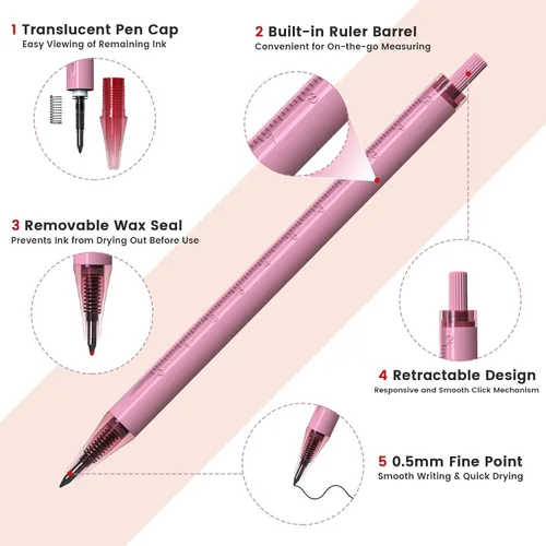 Vista 5 de Bolígrafos de gel con escalas de regla en el cañón, 5 piezas de 0.5mm, bolígrafos retráctiles de punta fina para escritura y dibujo precisos, tinta