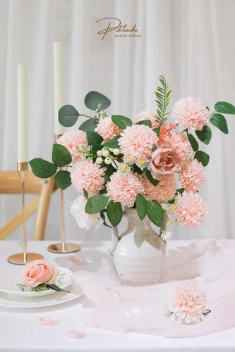 Vista 2 de Flores de dalia de imitación para boda, 25 rosas rosadas con tallos para decoración de boda, centro de mesa, arreglo de ramo (rubor)