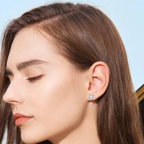Vista 3 de Aretes de plata de ley 925 con halo de piedra natal con circonita cúbica 3A