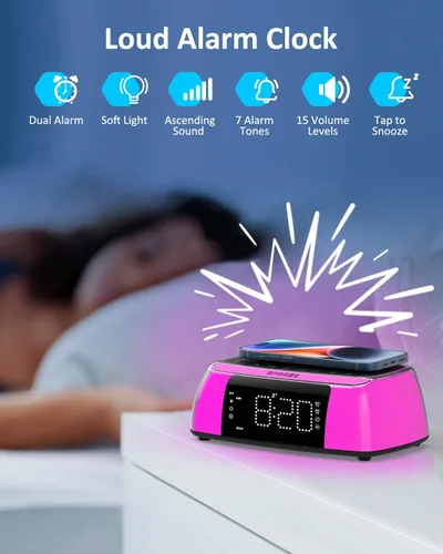 Vista 3 de Reloj despertador con carga inalámbrica, reloj despertador digital fuerte con máquina de sonido, luz nocturna, altavoz Bluetooth, estación de carga