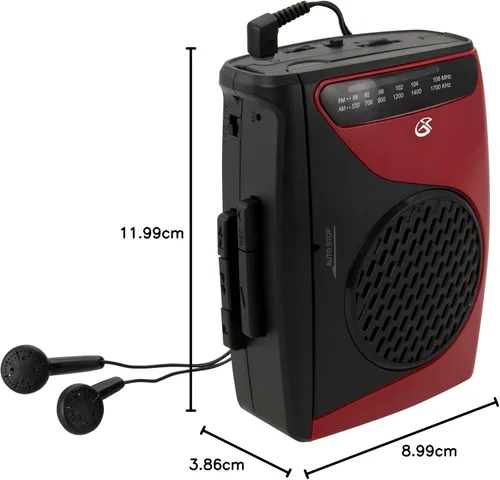 Vista 7 de GPX Reproductor de casete portátil, compatible con auriculares, 3.54 x 1.57 x 4.72 pulgadas, requiere 2 pilas AA, no incluidas, rojo/negro (CAS337B)