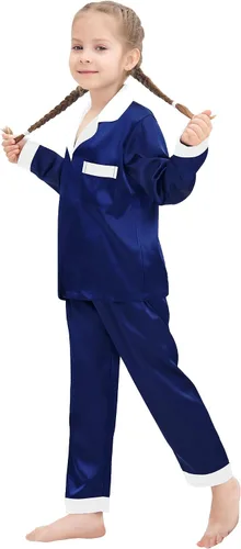 Vista 4 de SWOMOG Conjunto de pijama de satén para niños y niñas, ropa de dormir de manga larga con botones, conjunto de 2 piezas de ropa de descanso