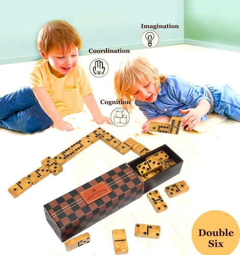 Vista 6 de Juego de dominó Vovotuzzi para adultos, dominó grueso, juego de dominó doble 6 para adultos y niños, 28 fichas de mármol dorado en estuche de cuero