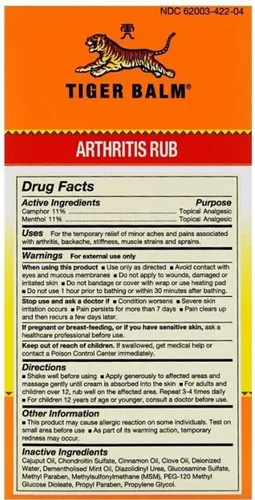 Vista 2 de Tiger Balm Artritis Rub, 4 oz. – Crema para aliviar dolores musculares y articulares – para uso con artritis reumatoide y túnel carpiano – Frotar