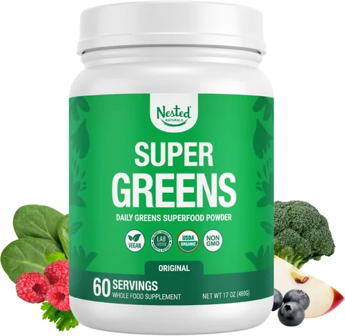 Vista 11 de SUPER GREENS Veggie Greens Superfood en polvo con 20 ingredientes orgánicos: espirulina, chlorella, cebada y otros, además de frutas orgánicas