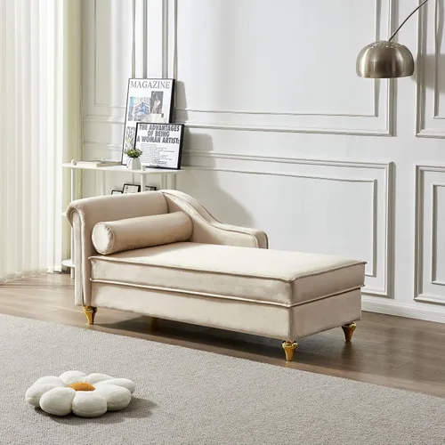 Vista 3 de Chaise Lounge para interiores, sofá de salón tapizado de terciopelo con espacio de almacenamiento oculto, sofá cama con marco de madera maciza