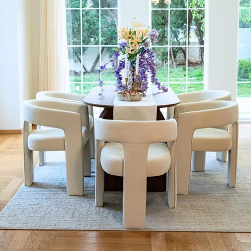 Vista 35 de Silla moderna de comedor en barril, silla de cocina acentuada tapizada en cuero sintético con brazos, silla lateral cómoda para sala de blanco