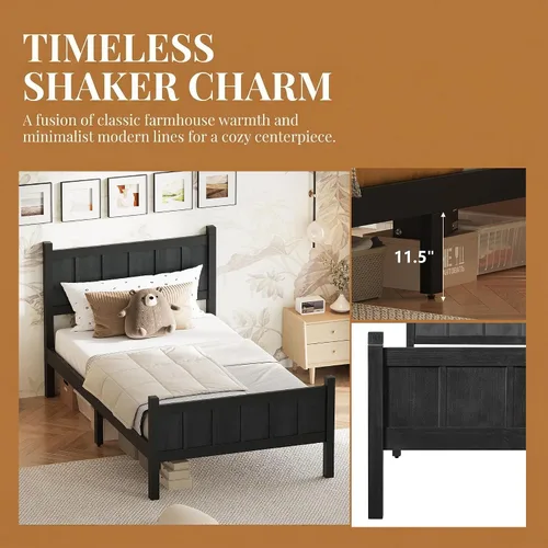 Vista 6 de Bellemave Cama de panel plano de tamaño individual con cabecero y estribo, cama de plataforma minimalista y moderna con acabado de grano de madera