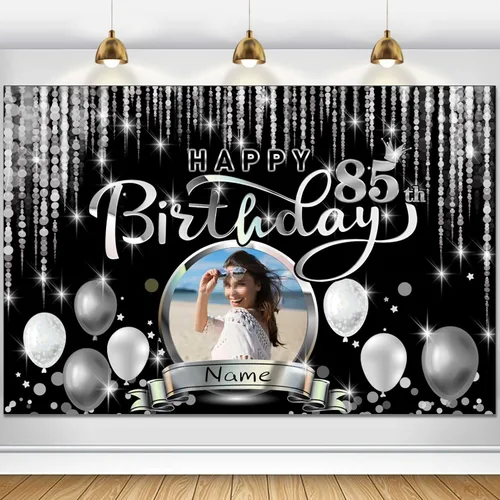 Vista 37 de Cartel de decoración de feliz cumpleaños número 100 personalizado - Personalización disponible - Negro y plateado - Tamaño grande - Admite fotos