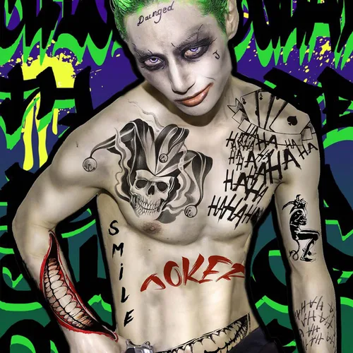 Vista 2 de VANTATY 5 hojas de tatuajes temporales 3D de Halloween Joker para hombres, mujeres y adultos, gótico, estilo de Halloween, impermeable, patrón de A