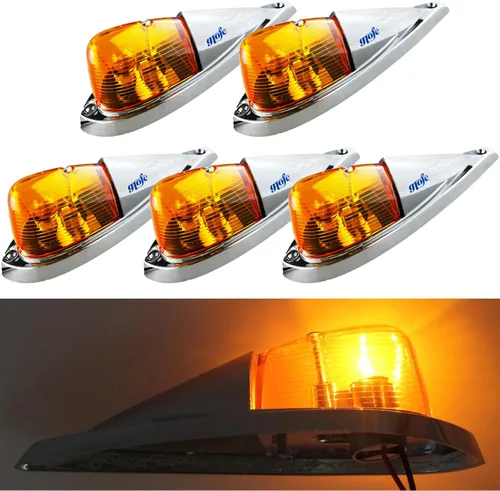 Vista 10 de Kit de luces de carrera de techo con lente ahumada, 5 unidades, color ámbar, estilo lágrima, compatible con Kenworth, Peterbilt, Freightliner, Mack