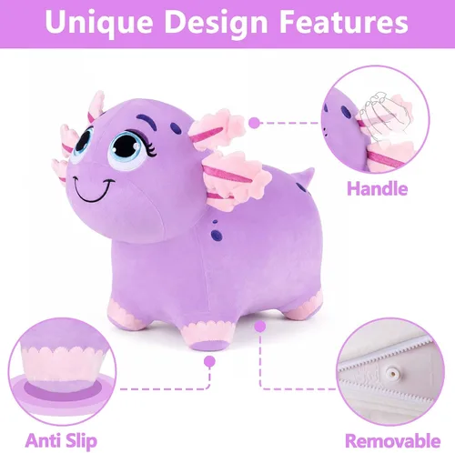 Vista 3 de Bouncy Pals Caballo saltador de ajolote morado, tolva inflable de animales para niñas pequeñas, juguete de salto al aire libre para niños, juguete