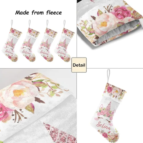 Vista 4 de Calcetines de Navidad personalizados con diseño de unicornio y flores con nombre, medias de Navidad personalizadas para decoración de fiestas