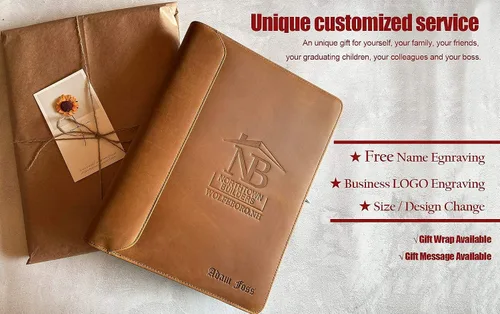 Vista 9 de Portafolio Personalizado de Cuero con Nombre Grabado, Organizador de Negocios Profesional con Cremallera para Hombres, Carpeta de Anillas