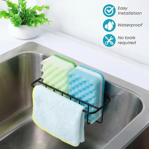 Vista 2 de KESOL Soporte adhesivo para esponja para fregadero de cocina + colgador de paño + soporte para jabón, organizador para fregadero de cocina 2 en 1
