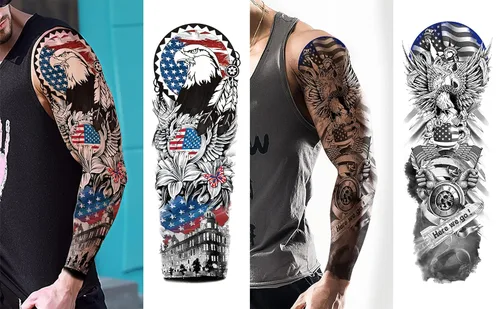Vista 4 de Aresvns Tatuajes temporales del Día de la Independencia, tatuaje de manga de bandera de Estados Unidos del 4 de julio, suministros de fiesta rojo