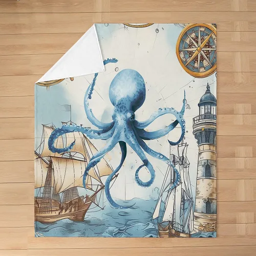 Vista 4 de Manta de franela de pulpo de 40 x 50 pulgadas, cálida y ligera, diseño de dibujos animados 3D, manta sherpa de franela moderna de aventura oceánica