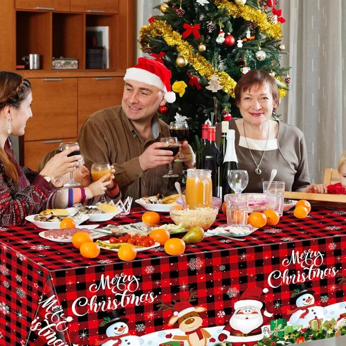 Vista 7 de Tiamon Paquete de 3 manteles de plástico para mesa de Navidad de 54 x 108 pulgadas para mesa rectangular, mantel desechable con diseño de muñeco