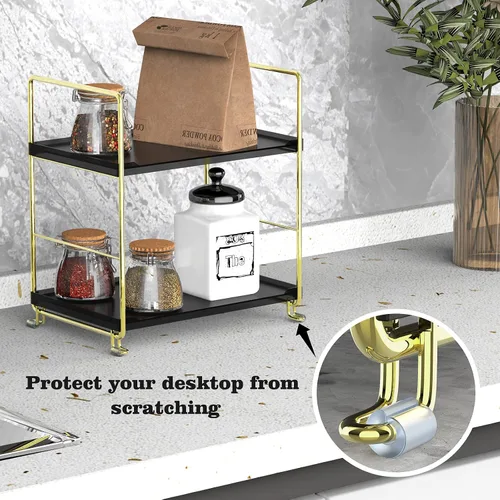 Vista 5 de Estante organizador de especias de 2 niveles para baño, estante de almacenamiento de encimera, estante de almacenamiento de cosméticos de pie negro