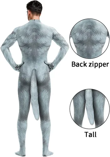 Vista 5 de Traje completo de animal para hombre, mono de spandex musculoso, disfraz peludo con cola grande para cosplay de adultos, fiesta de Halloween