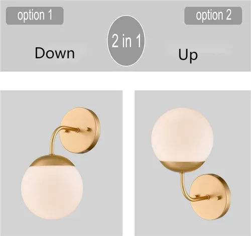 Vista 4 de [Usado] Juego de 2 apliques de pared dorados de estilo nórdico moderno con forma de globo lechoso para tocador de baño