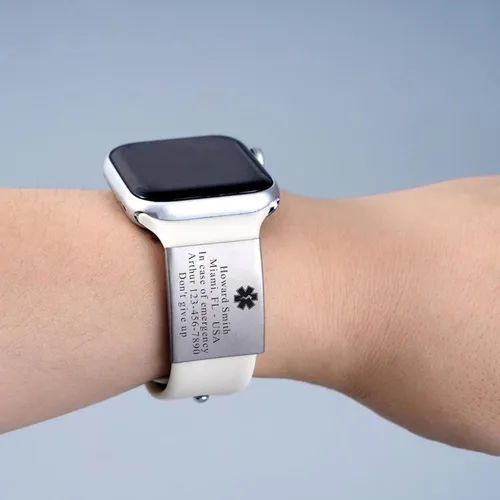 Vista 7 de Etiqueta de alerta médica personalizada para correa de reloj, etiqueta de identificación médica grabada personalizada para Apple Watch Band Fitness