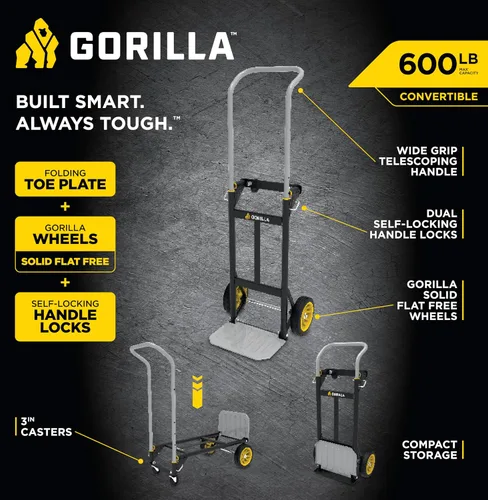 Vista 2 de Gorilla - Camión de mano de acero convertible resistente, capacidad de 600 libras Convertible steel hand truck for movers who need both an upright