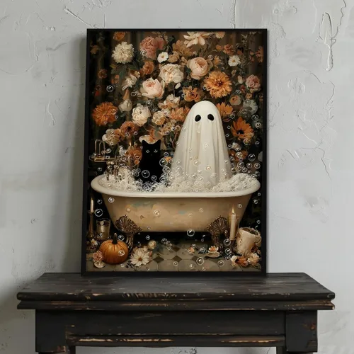 Vista 4 de Lienzo decorativo de Halloween para pared, póster de fantasma y gato negro en la bañera, imagen espeluznante de fantasma y flores, impresión