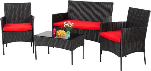 Vista 16 de Juego de 4 muebles modulares para exteriores, juego de muebles de mimbre resistentes al agua con 3 sillas de ratán, 1 cojín de mesa con tapa