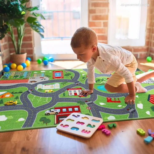 Vista 4 de BEQHAUSE Alfombra de juego para niños, alfombra de tráfico de ciudad verde, ideal para jugar con autos, alfombra de área de juegos de 32 x 60