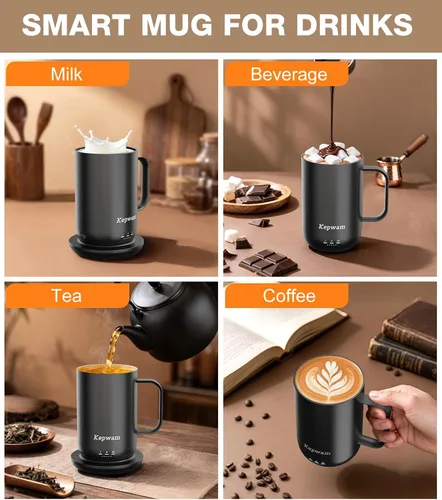 Vista 9 de Kepwam Taza de Café Autocalentante T1, Taza de Café Recargable Calentada de 16oz, Taza de Café Inteligente con Calentamiento Controlado por
