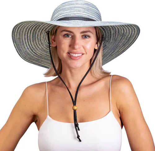 Vista 12 de Sloggers Sombrero de sol trenzado de ala ancha para mujer con cordón de viento, protección solar máxima UPF 50+ Marrón claro