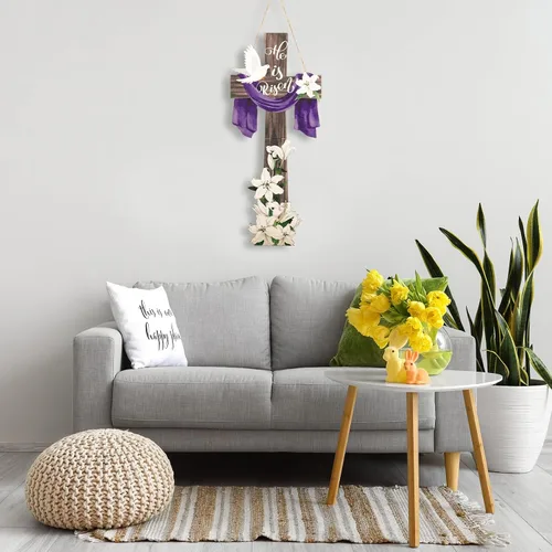 Vista 4 de Menkxi Letrero grande de Pascua con texto en inglés «He Is Risen» para puerta de entrada, decoración de puerta de Pascua para casa de campo