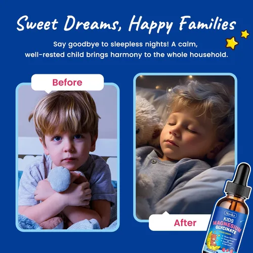 Vista 4 de Paquete de 2 líquidos de glicinato de magnesio para niños con L-teanina omega-3, vitamina B6, D3, zinc, gotas de magnesio para niños, sabor fresa