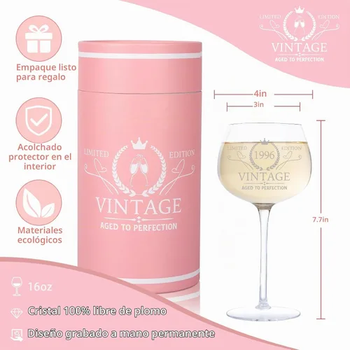 Vista 2 de Regalos de cumpleaños número 30 para mujer, copa de vino vintage 1996 grabada para ella, decoraciones de cumpleaños de 30 años regalos para mujeres