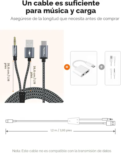 Vista 6 de CableCreation USB C a 3.5mm Cable de Audio con Cable de Carga USB, Cable Auxiliar para Coche, Tipo C a Jack Auxiliar para Auriculares, Estéreo