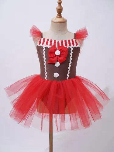 Vista 4 de MSemis Vestido de baile de tutú de jengibre para niñas, manga burbuja, bastón de caramelo, cosplay