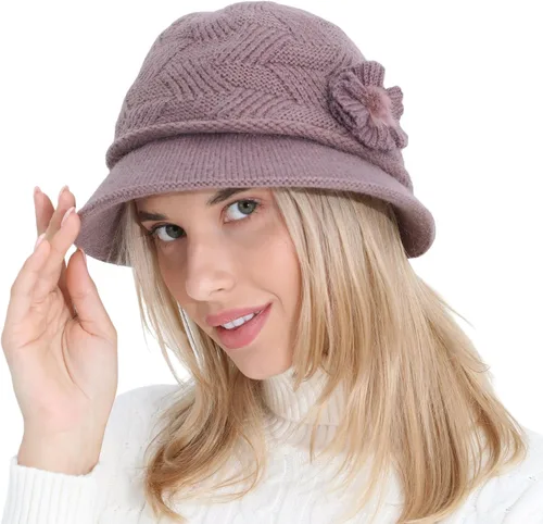Vista 27 de C-US - Gorro de punto cálido para mujer, con visera de ganchillo con acento de flores