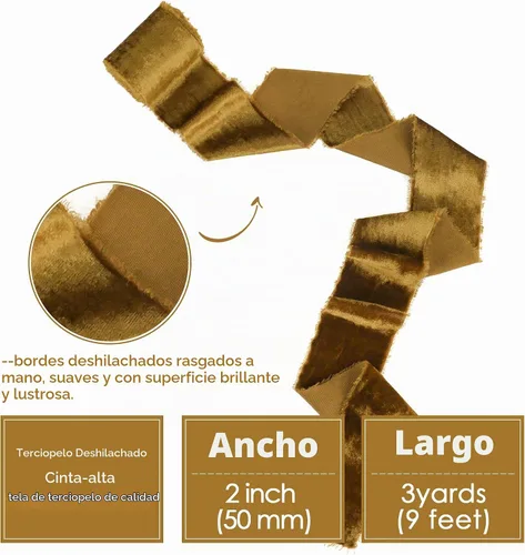 Vista 2 de HUIHUANG Cinta de terciopelo marrón de 2 pulgadas hecha a mano de seda deshilachada para ramo de flores, envoltura de regalos, invitaciones