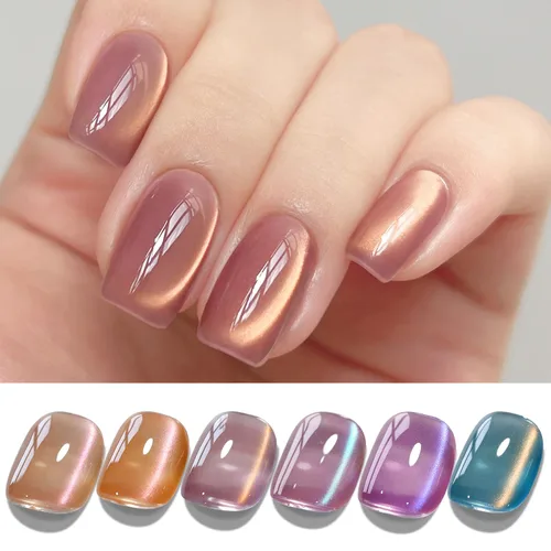 Vista 22 de Double Rhythm Juego de esmaltes de gel de ojo de gato, 6 colores, purpurina brillante con imán, holográfico, reflectante, magnético, UV, kit de arte