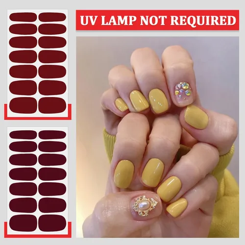 Vista 2 de 16 hojas de calcomanías de esmalte de uñas brillantes para mujeres, tiras de esmalte de uñas, tiras de uñas de gel, autoadhesivas, color sólido