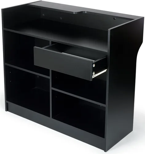 Vista 2 de Mueble de melamina para caja registradora, color negro, con estantes ajustables, cajón, y superficie para llenar cheques.
